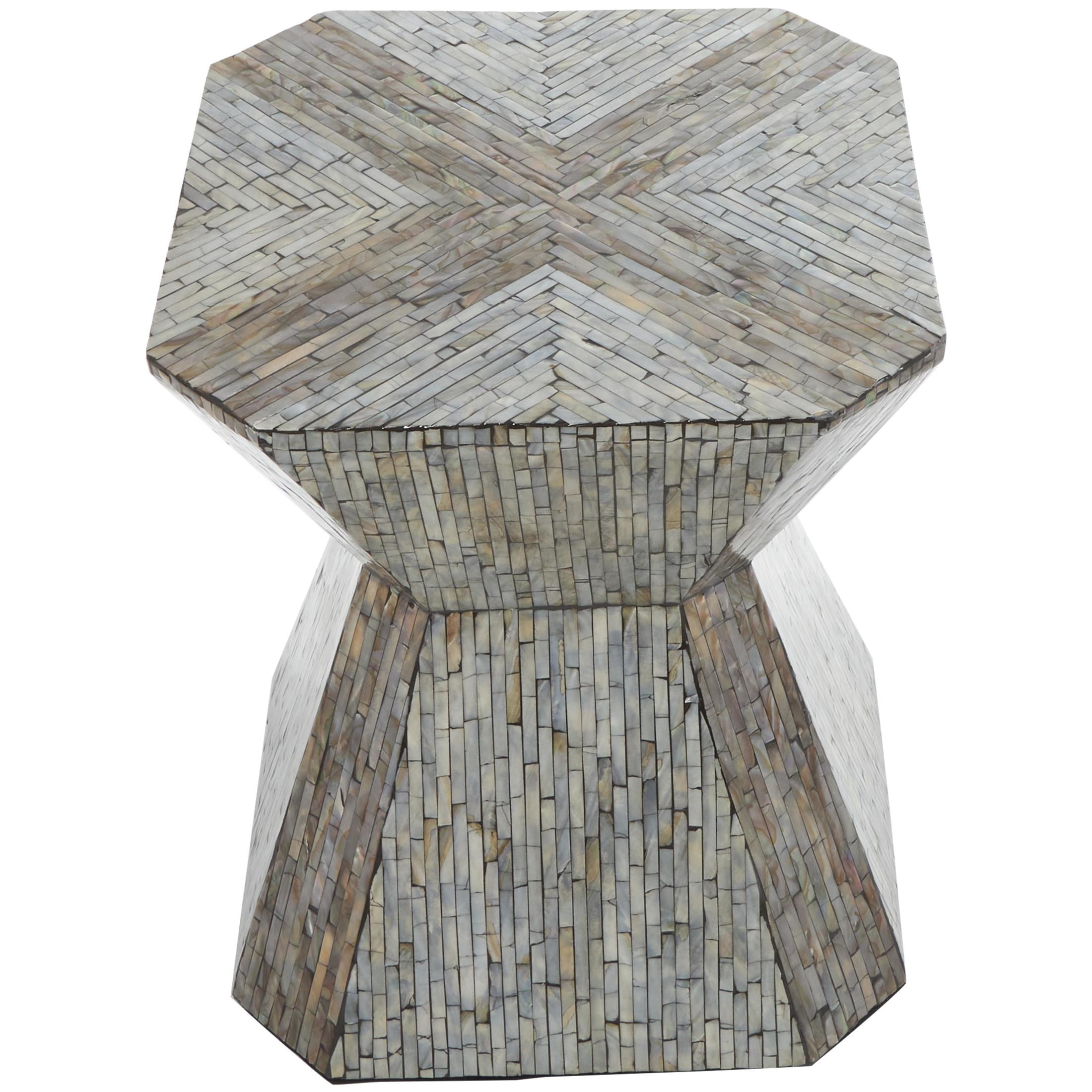 DecMode 16" x 20" Gray Mother of Pearl Shell Handmade Hourglass Geometric Accent Table with Linear Mosaic Pattern, 1-Piece