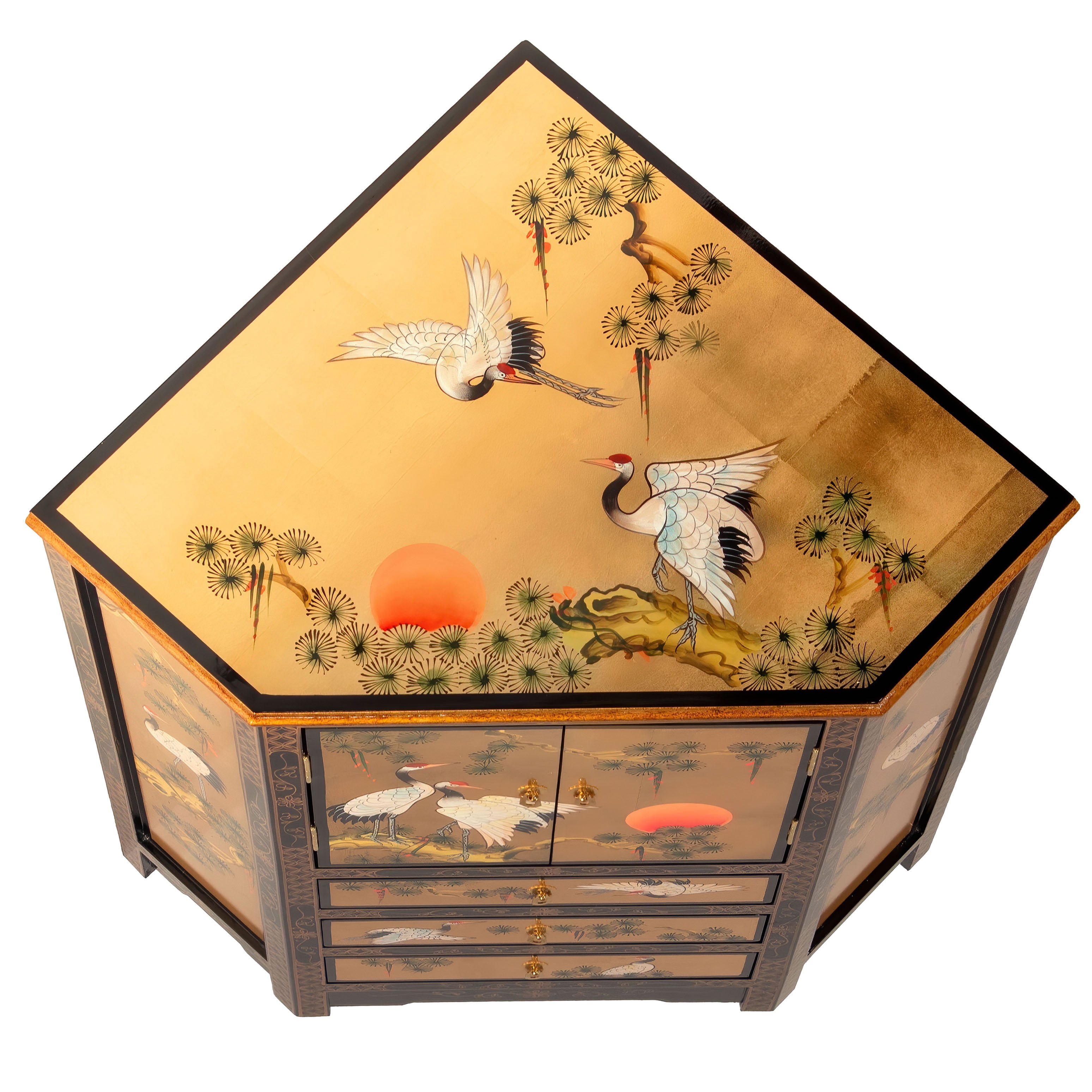 Oriental Furniture Gold Lacquer Corner Cabinet - Cranes