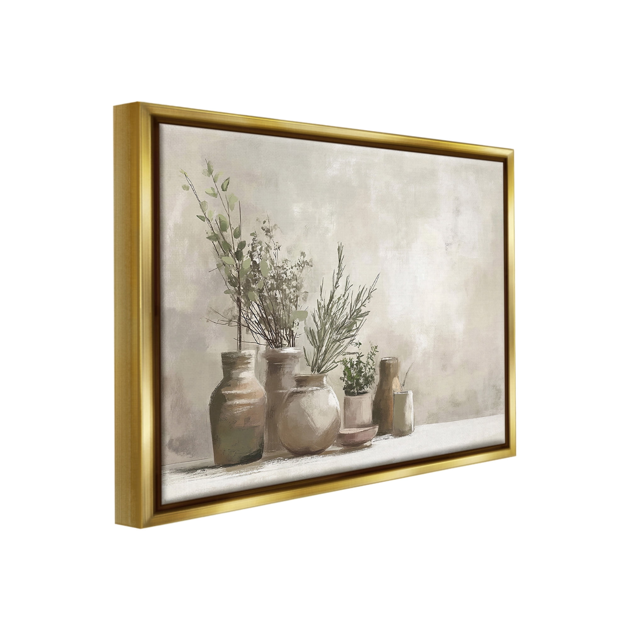 Stupell Industries Cottage Herbs in Pottery Botanical & Floral Painting Gold Floater Framed Canvas Art Print Wall Art, 21 x 17