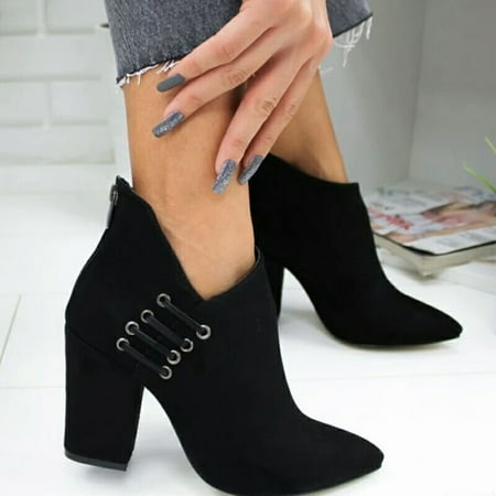 

Womens Mid Heel Ankle Boots Ladies Casual Zip Up Thick Heel Pointed Toe Booties Black 39