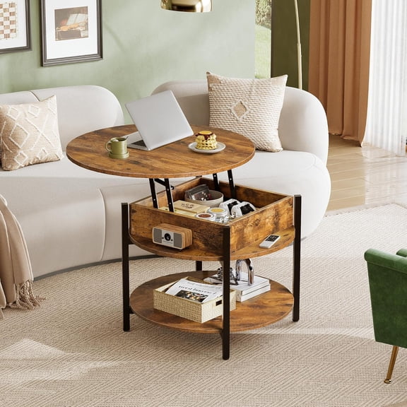 GALAXHERO Round Lift Top Coffee Table with Hidden Compartment and Storage Shelf, Farmhouse Small Coffee Table with 2 Tier for Living Room Rustic Brown