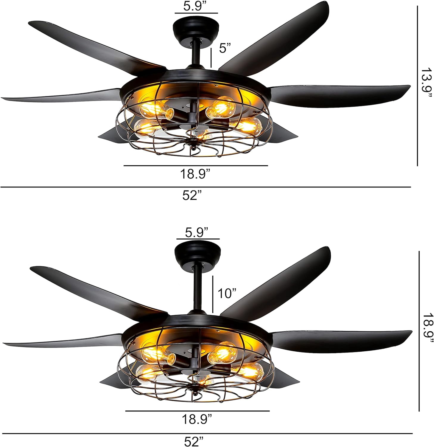 Ohniyou 52" Caged Outdoor Ceiling Fan with Light and Remote Farmhouse Rustic Black Ceiling Fans for Patio Home Kitchen Bedroom