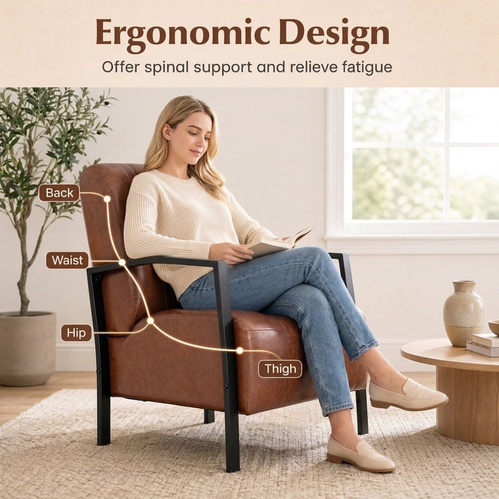 Furnibear PU Leather Upholstered Accent Armchair with Padded Seat and Back Ergonomic Lounge Reading Chair for Living Room Bedroom Office, Brown