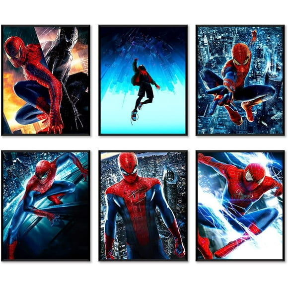 Spider Posters - Themed Art Paintings Set of 6 8" X 10" Frameless Posters Canvas Art Posters Cartoon Posters Kids Boys Birthday Gifts Playroom Decor Art Prints Art Wall Decor Posters Home Decor