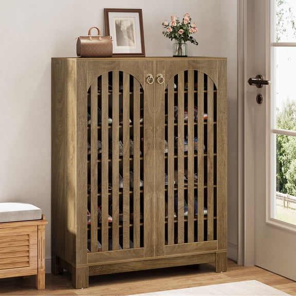 Tribesigns Shoe Cabinet with Louver Doors, Wooden 6-Tier Shoe Storage Cabinet with Adjustable Shelves for Entryway, Living Room, Bedroom, Oak