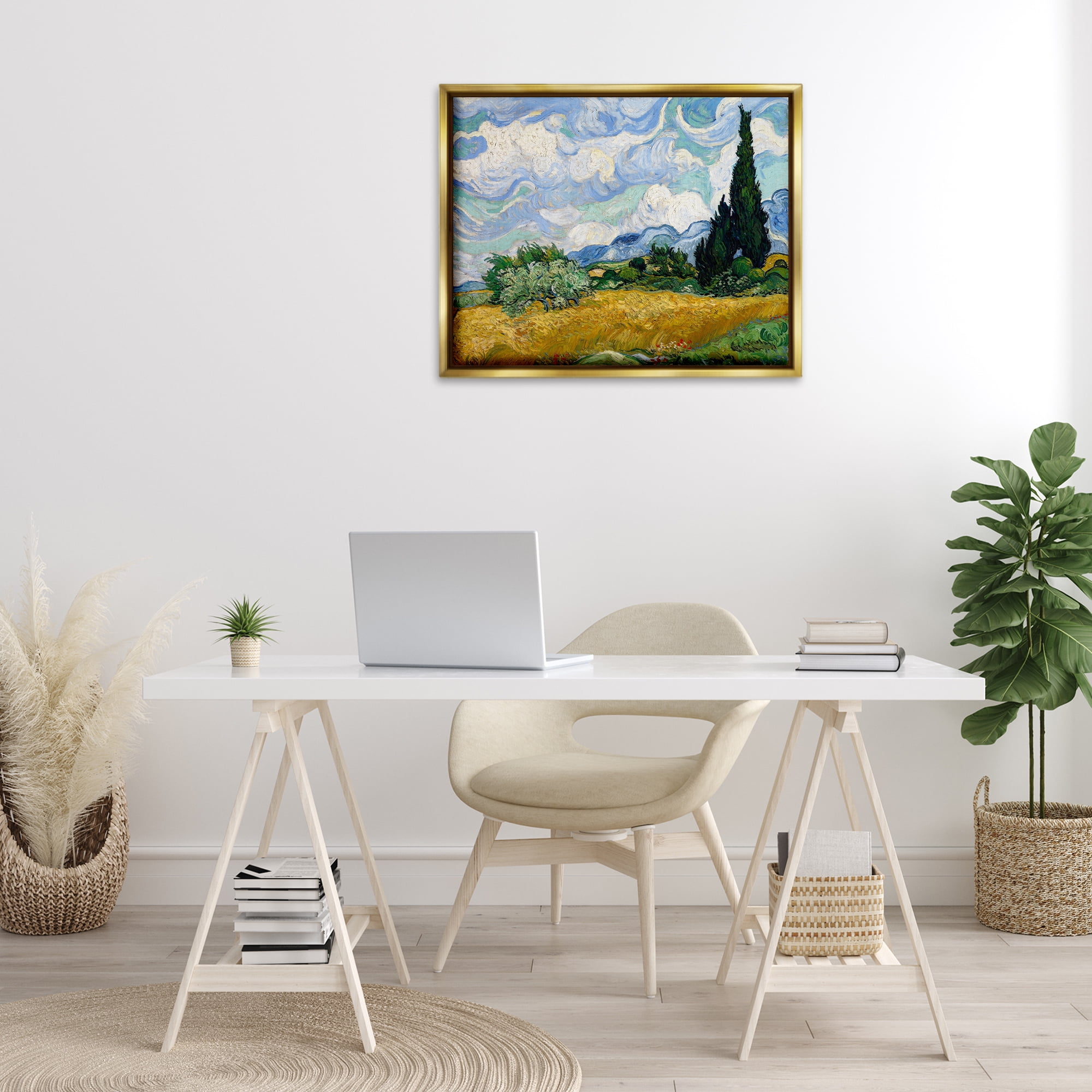 Stupell Industries Classical Wheat Field with Cypresses Landscape & Nature Painting Gold Floater Framed Canvas Art Print Wall Art, 31 x 25