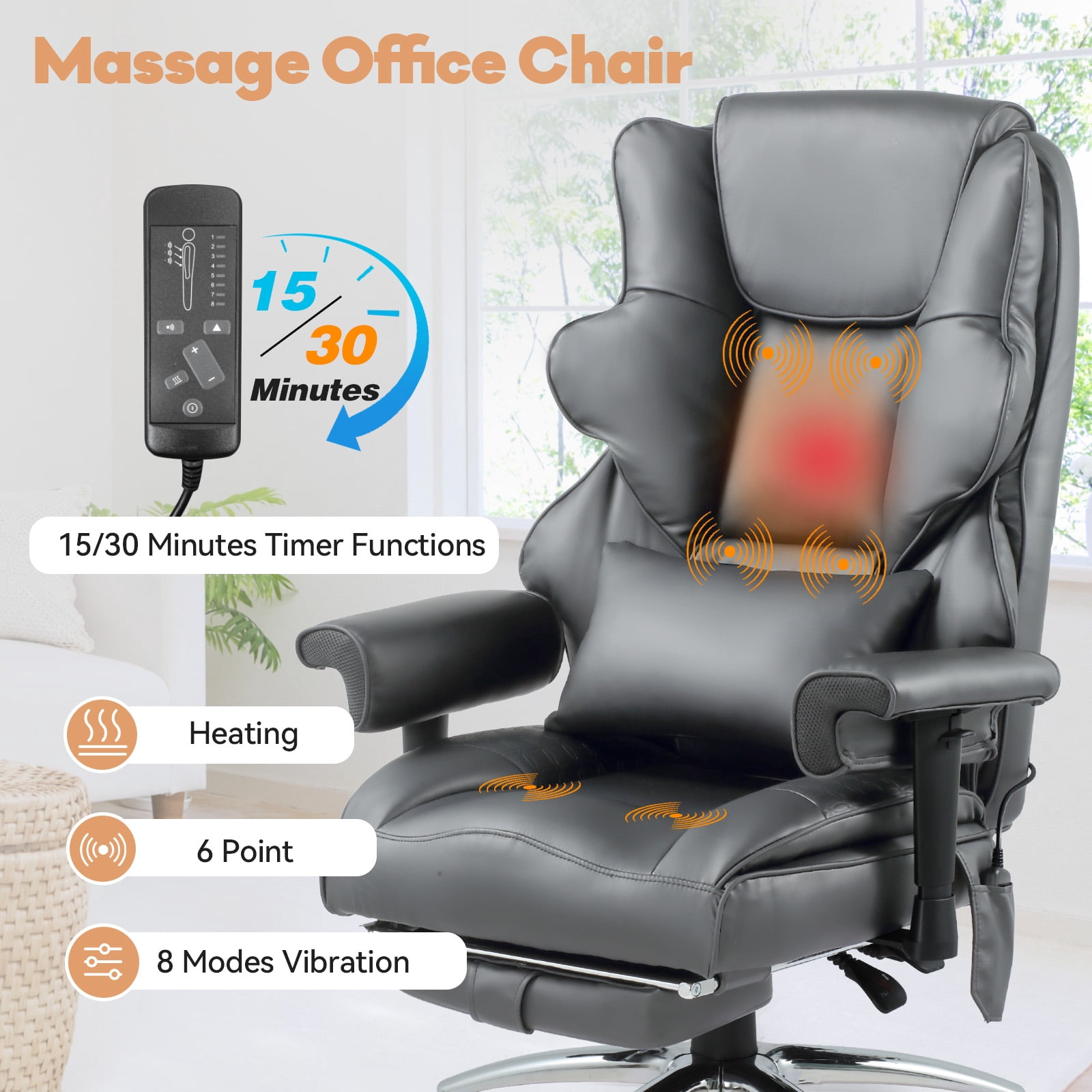 Massage & Heated Office Chair with Foot Rest, Ergonomic Executive Office Chair with Reclining Backrest, Adjustable Arms & Lumbar Support, High Back Leather Desk Chairs for Home Office, Gray