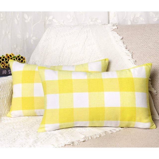 Set of 2 Cotton Polyester Buffalo Check Plaid Farmhouse Throw Pillow Covers Cushion Case for Spring Summer Home Decor Yellow and White, 12 x 20 Inches