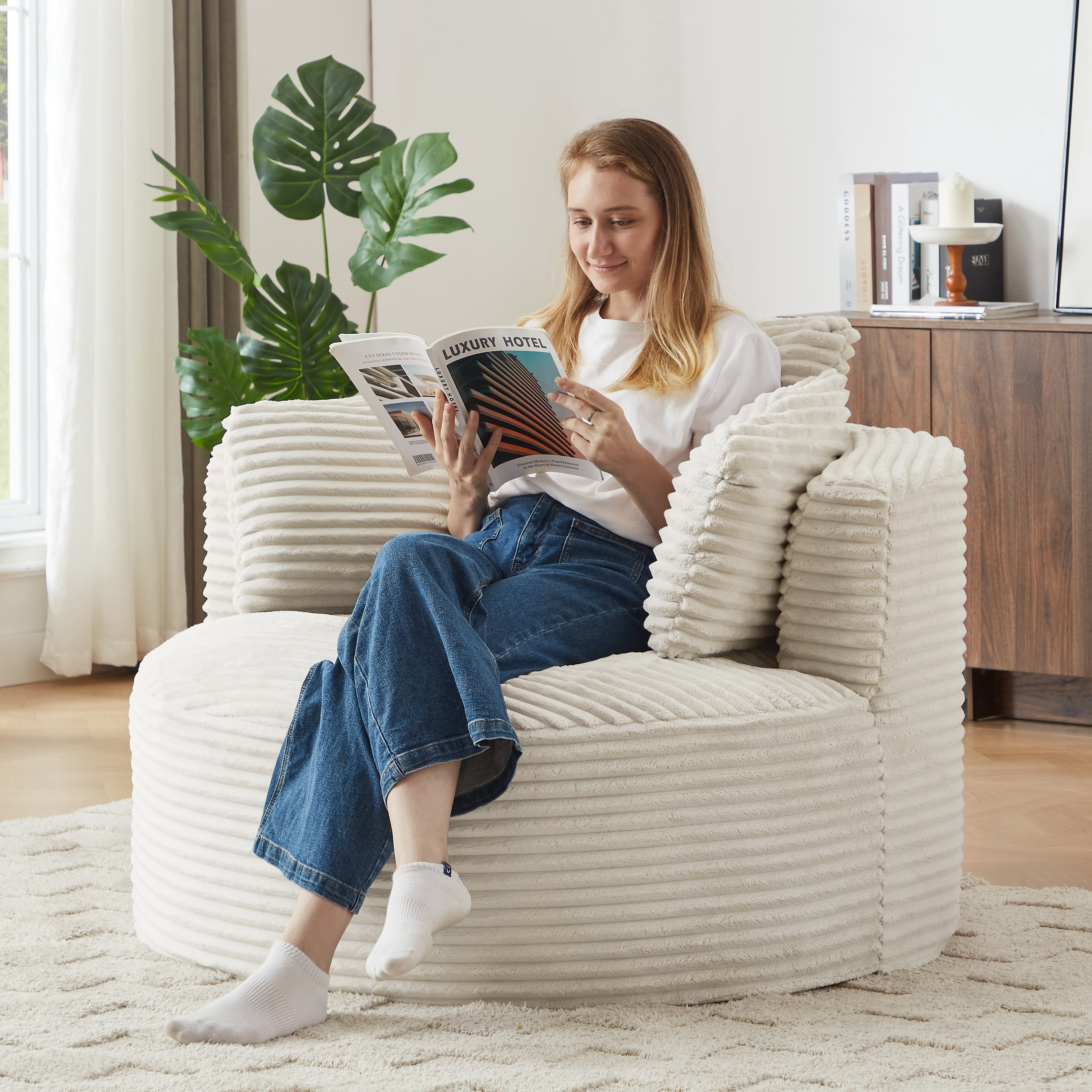 Aukfa Modern Corduroy Round Accent Chair, Compressible Chaise Lounge for Living Room & Bedroom, No Assembly,Beige