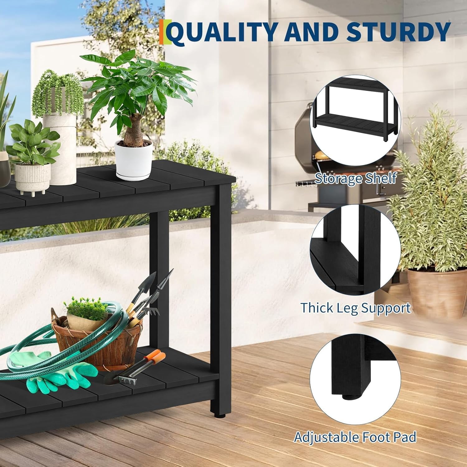Senfot 48 Inch 2-Shelf Console Table, Indoor Outdoor Wooden Storage Entryway Side Table Black