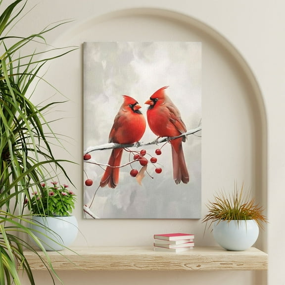 WFSposter Red Cardinal Canvas Wall Art Cardinal Bird Standing on a Branch Picture Prints Winter Animal Painting Christmas Wall Decor Artwork Framed Grey,12x18"