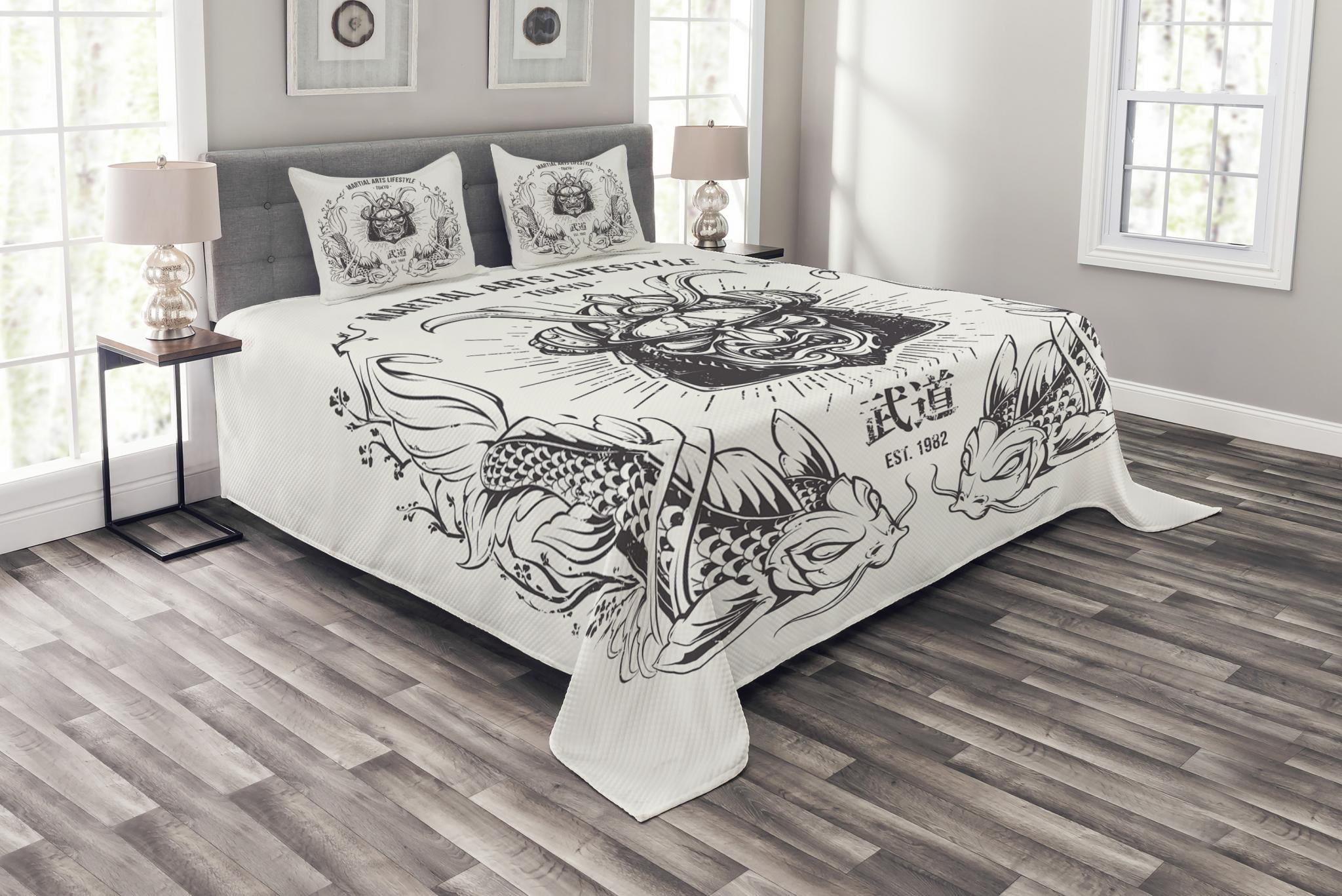 Asian Bedspread Set Queen Size, Traditional Japanese Samurai Mask Koi