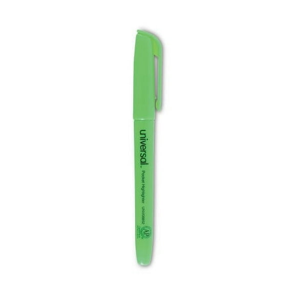 Universal Pocket Highlighters, Fluorescent Green Ink, Chisel Tip, Green Barrel, Dozen(UNV08852)