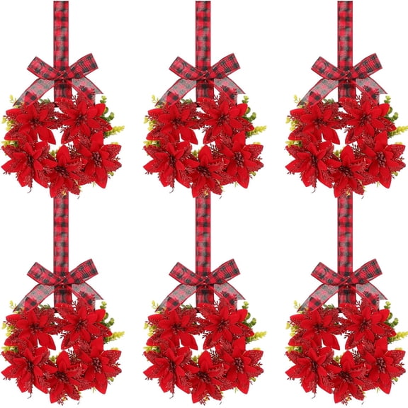 Peonyrain 18Pcs Christmas Wreaths Kitchen Cabinet Wreaths Artificial Poinsettias Wreaths Hanging Small Farmhouse Wreaths with Plaid Bow Ribbon Mini Christmas Wreaths for Kitchen Front Door Window Wall