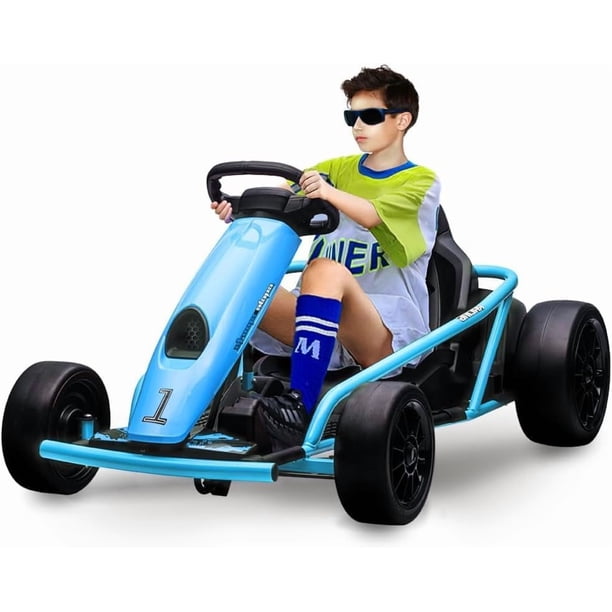 Historyli Kart de 24 V para adolescentes, batería de 9 Ah, motores duales de 300 W, bocina musical para derrapar a 13 km/h, capacidad de 79 kg, juguete para exteriores, color azul