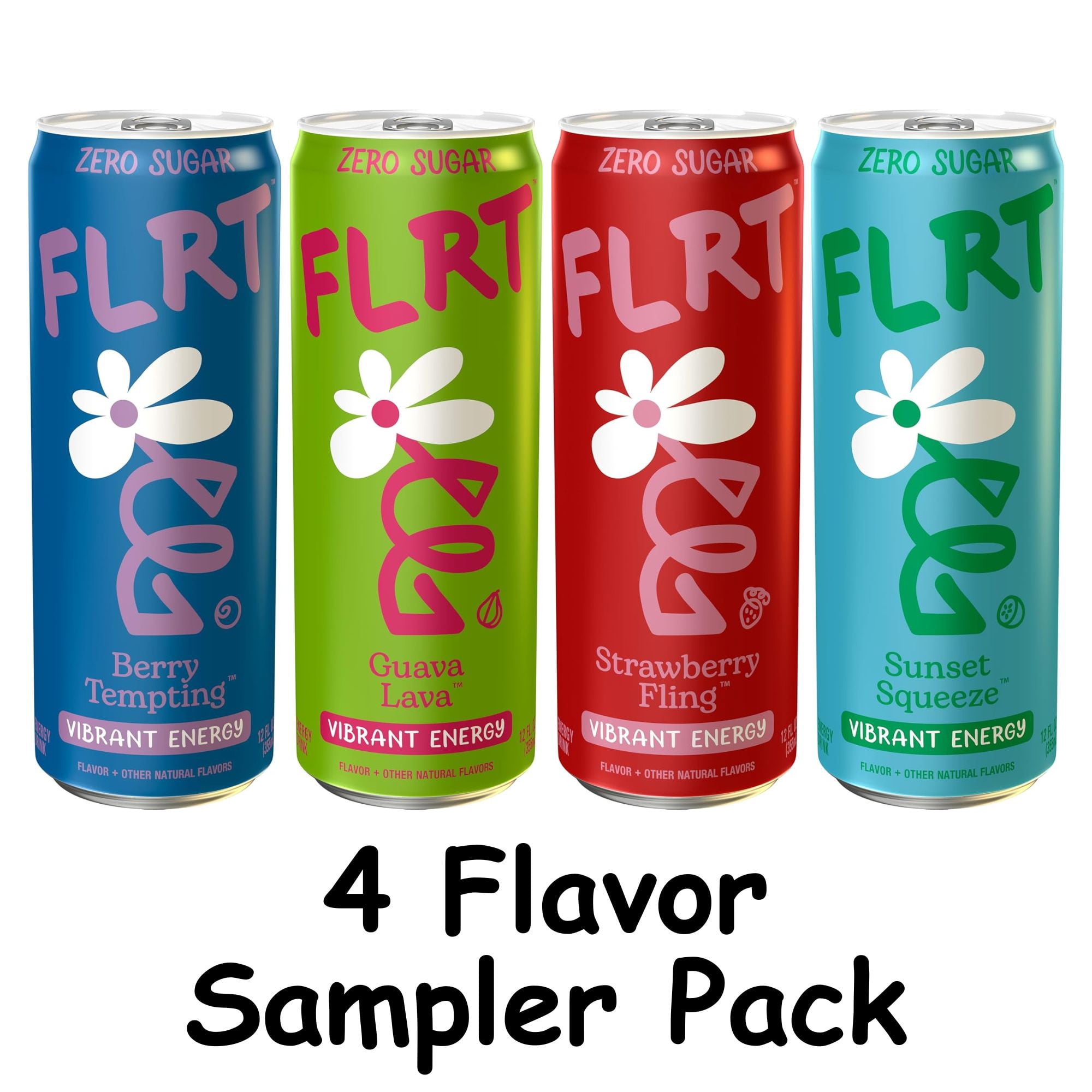 FLRT Energy Drink 4‑Flavor Sampler Pack, 4 Cans, Zero Sugar