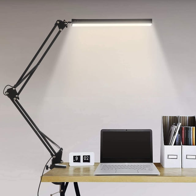 Lámpara de escritorio LED, lámpara de mesa plegable para arquitecto con abrazadera, 10 niveles de brillo x 3 modos de color, lámpara de mesa ajustable, protección para los ojos, adaptador CE de 5 V/2