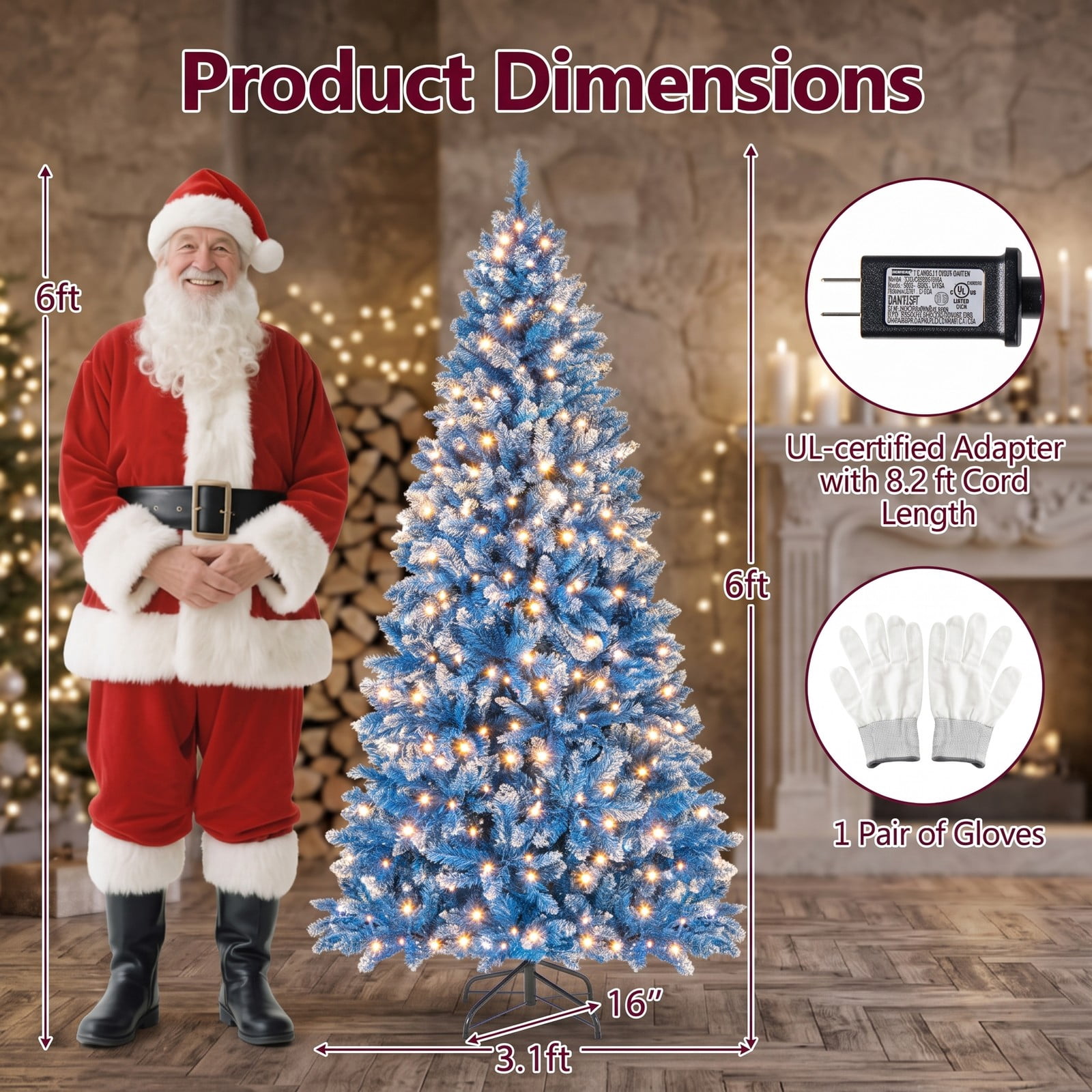 RUIE 6 FT Artificial Christmas Tree, Snowy Blue Pre-Lit Xmas Tree with 767 Branch Tips, 270 Warm White LED Lights, 8 Modes, Foldable Metal Stand for Indoor, Blue