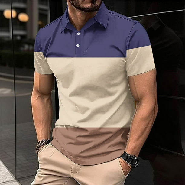 pstuiky camisetas de hombre, Camisa deportiva de manga corta con solapa y botones a rayas de patchwork para hombre ropa de hombre l
