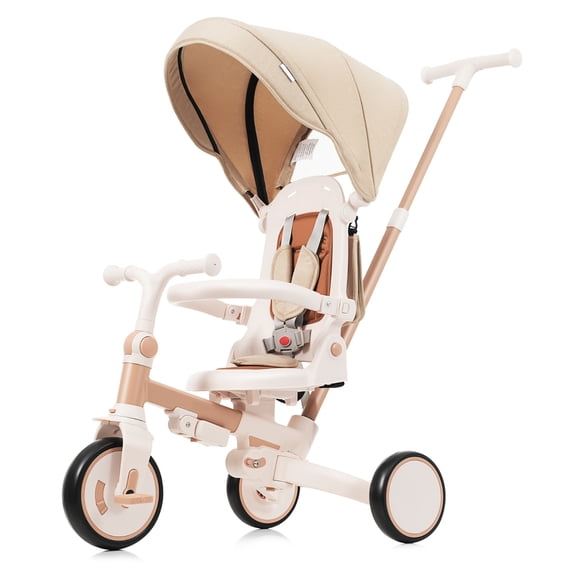 Foldable Baby Tricycle Stroller, 7-in-1 Toddler Bicycle Unisex Ride Trike 1-6 Years, Brown
