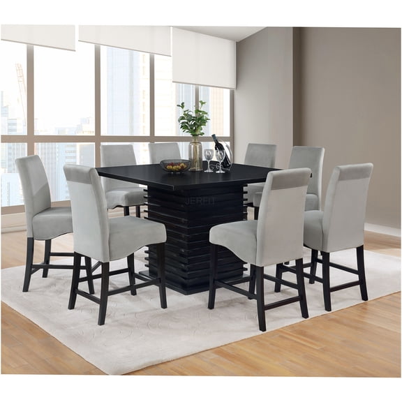 JERFIT 9-Piece Black Dining Set with Grey Cushions, Counter Height Table and 8 Chairs for Modern Dining Room
