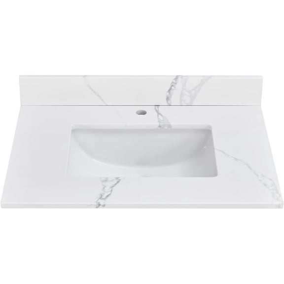 30 Inch Quartz Vanity Top , White Vanity Sink Top with Middle Sink, Pre-Drilled One Faucet Hole Countertop with Backsplash