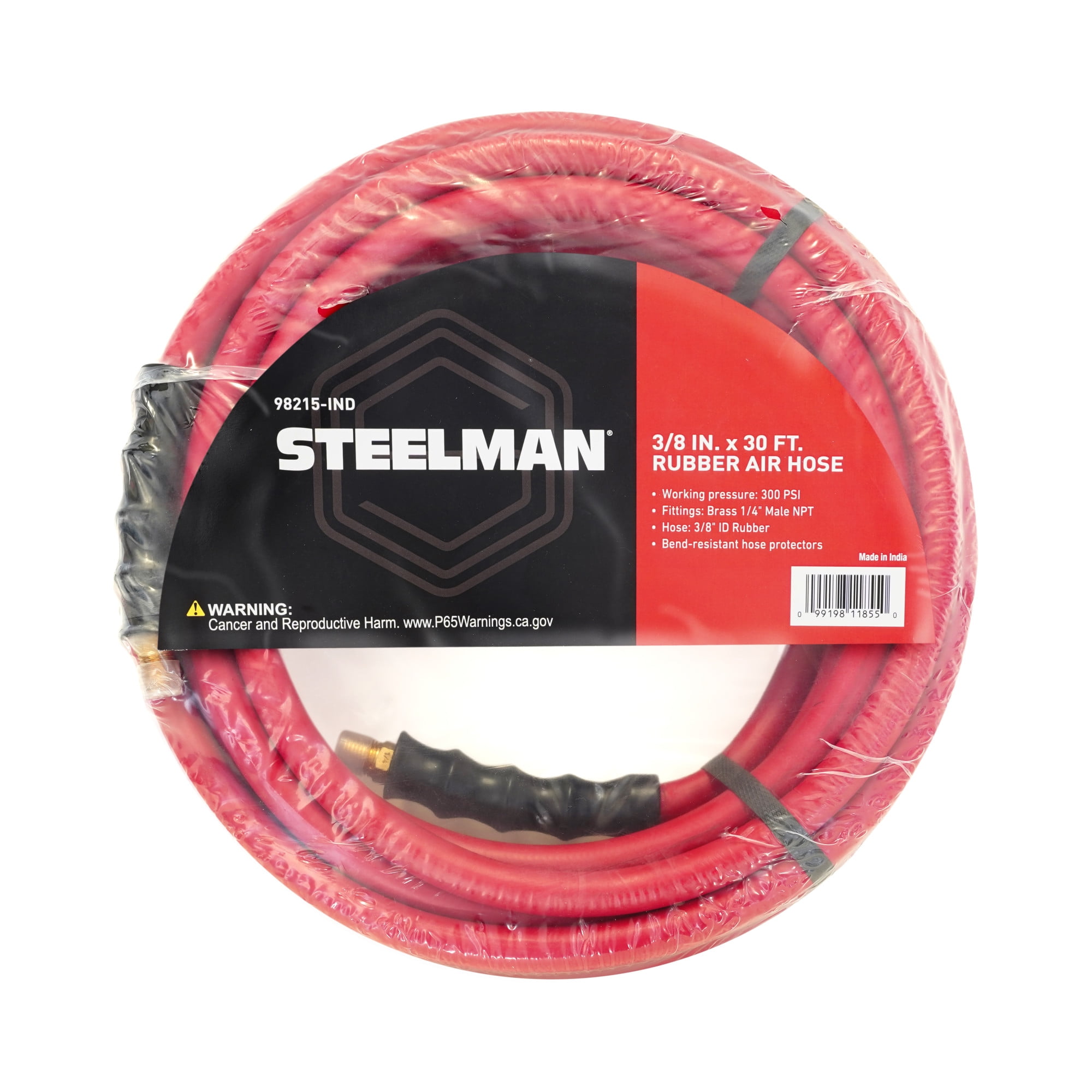STEELMAN 98215-IND 30-Foot x 3/8-Inch Rubber Air Hose with 1/4-inch Male NPT Brass Fittings