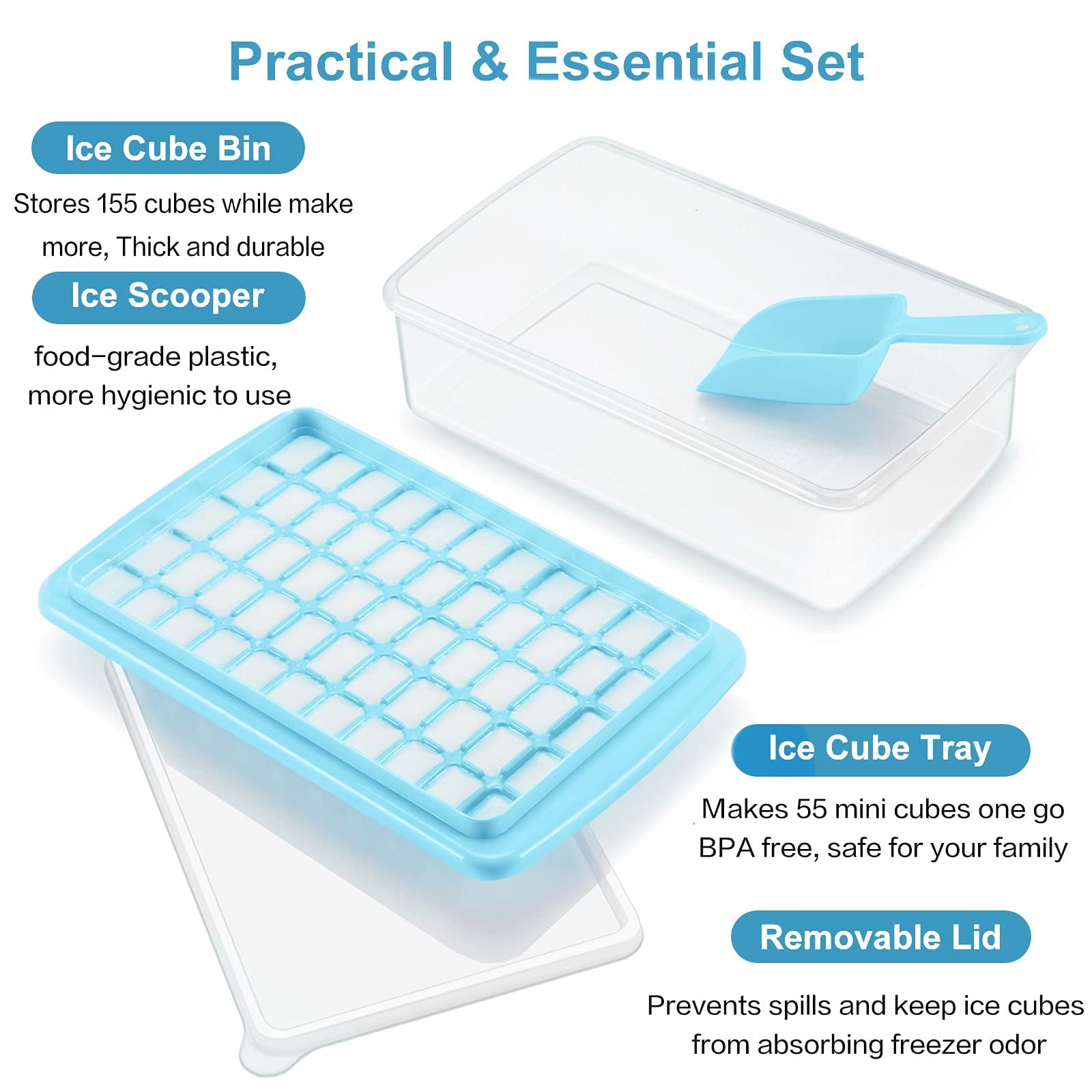 Mini Ice Cube Tray for Freezer: FDDBI Small Ice Trays for Freezer with Bin  - 135×4PCS Easy Release Nugget Ice Tray - Crushed Ice Tray with Ice