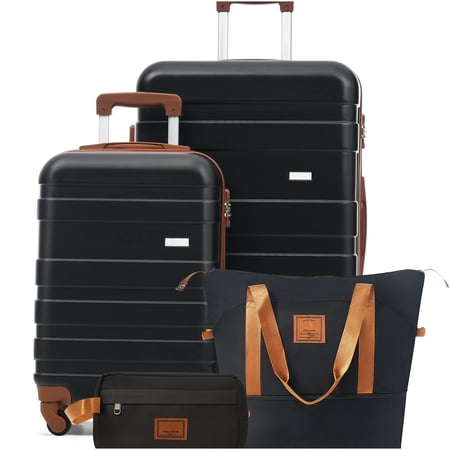 CHAMPFLAG Complete ABS 4-Piece Luggage Set in Black | Features TSA Locks, Spinner Wheels &; Organized Toiletry Bag