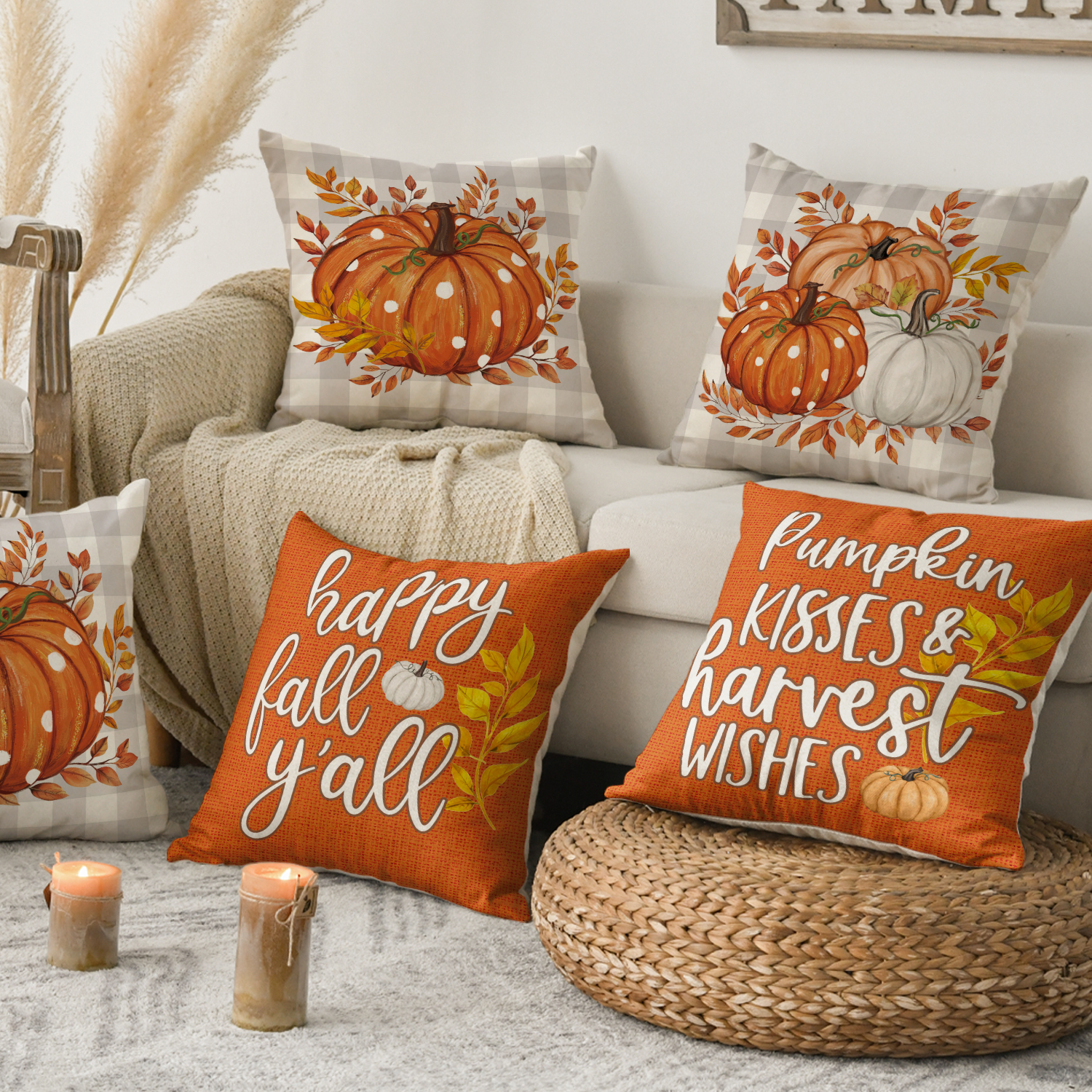 Sm:)e Pumpkin Leaves Fall Throw Pillow Covers, 18x18 Inch, Set of 4 photo 3