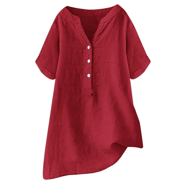 Loose Fit Solid Color Linen Casual Short Sleeve Button Top for Women Womens Compression Cold Gear Long Sleeve Shirts for Women Fall 100 Polyester Shirts Women Long Exercise Shirts Women Turtle