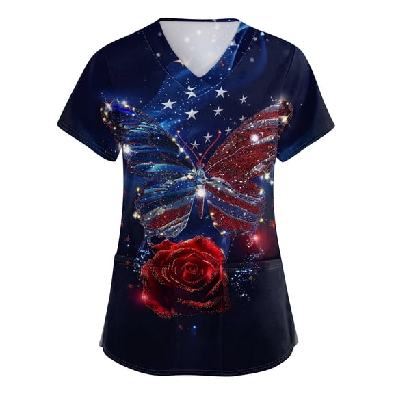 Evdexr Women's 250 Anniversary Usa Scrubs Patriotic Short Sleeve Scrub Tops 4th Of July V Neck Stars and Stripes Nursing Uniforms Stretch Shirts with Pockets Deep Red S