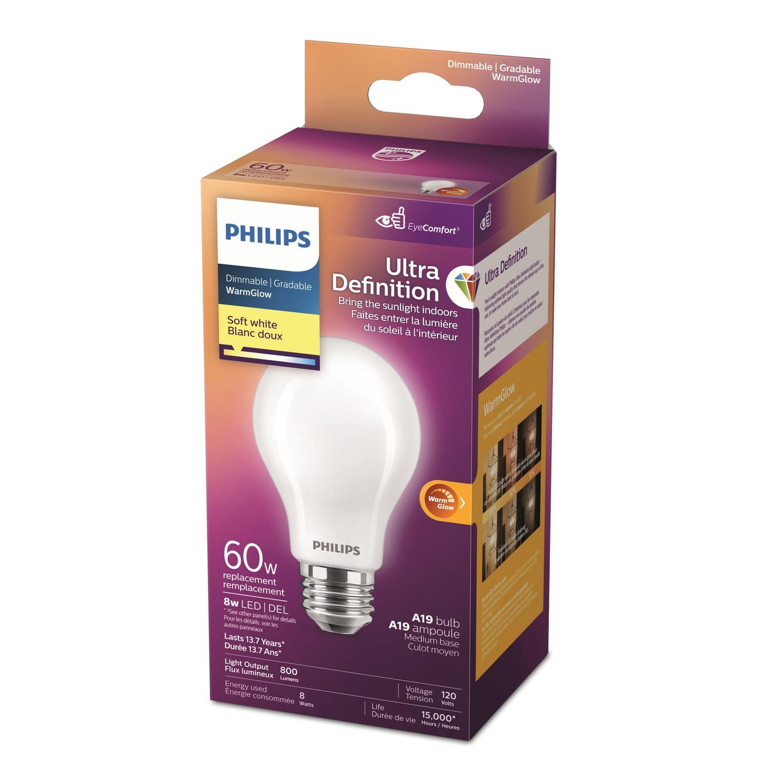 Philips DEL Ultra Definition 60W ampoule A19 blanc doux, givrée PHL DEL 60W A19 SW