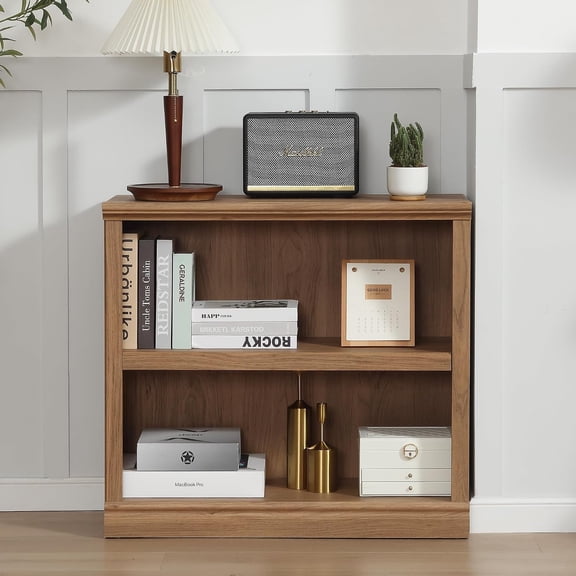 GlowPlume 2-Shelf Bookcase Wooden Bookshelves 33in Wide Floor Standing Display Storage Shelves Vintage Oak Bookcase for Home Office, Living Room, Bed Room