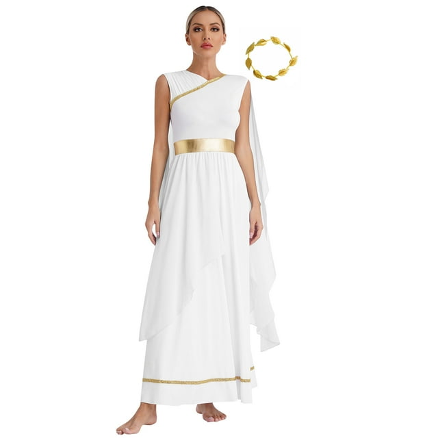 Hansber Robe de Femme Dieu Grec Costume Romain Grèce Toge Robe Halloween Cosplay Déguisement Tenues avec Couvre-Chef Blanc G