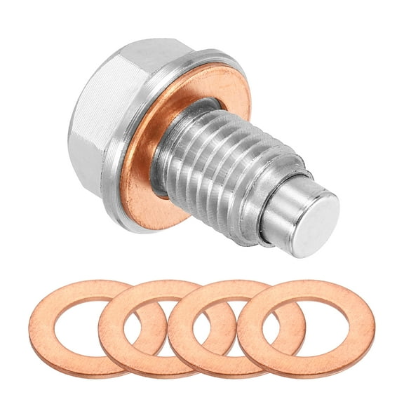 M12x1.5 Magnetic Oil Drain Plug,28mm Length with 5 Pack Copper Crush Washer