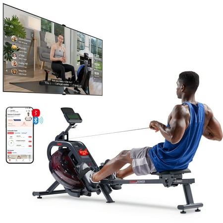 Sunny Health & Fitness Phantom Hydro Water Rowing Machine with Dynamic Resistance + Extra Long Slide Rail w Free SunnyFit® App Membership - SF-RW5910SMAR T