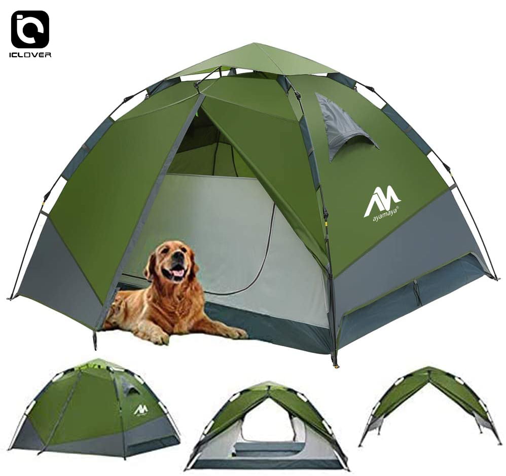 Pop Up Camping Tents for 3-4 Person Automatic Setup,iClover [2in1 Design]  Double Layer Waterproof Instant Popup Tent - [2 Doors] Quick Easy Set Up  Family Camping Tent Shelter Green 