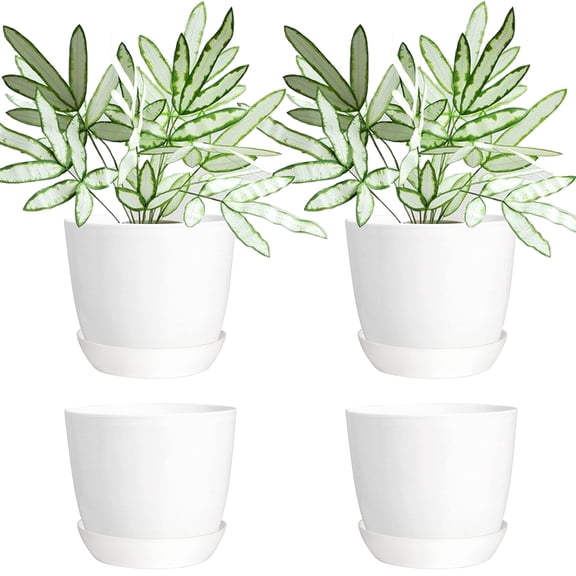 Youngever 4.5 Inch Plastic Planters with Saucers, Indoor Flower Plant Pots, Modern Decorative Gardening Pot with Drainage (Mordern 8 Sets)