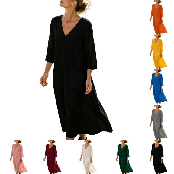 KHONTS Women's 3/4 Sleeve Summer Maxi Dress Plus Size Casual Linen Flowy Beach V-Neck Dress with Pockets Yellow XL