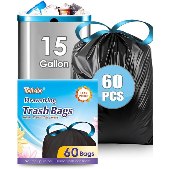 15 Gallon 60 Counts Strong Tall Kitchen Drawstring Trash Bags, Medium Plastic Garbage Bags for Home Kitchen Garden Office Tall Trash Can, Black Waste Bin Liners