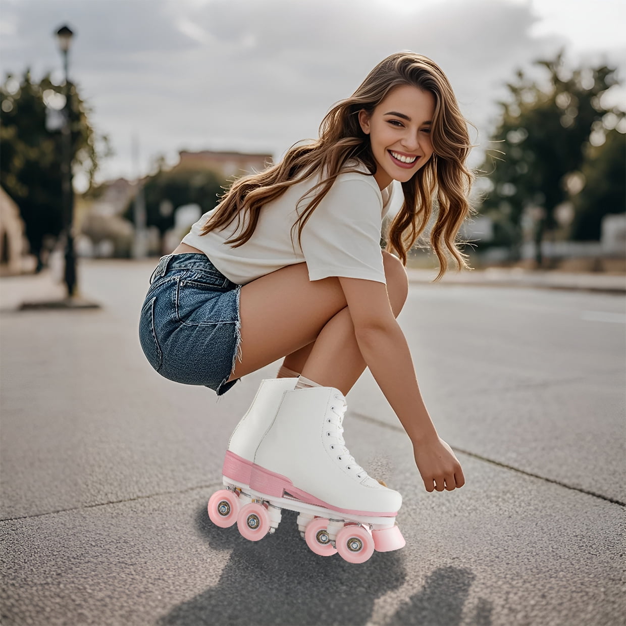 JieC Roller Skate for Women&Men, Adult Teen Classic Fashion Roller Skates with Pink Flash Wheel, White&Pink(Women's 8 / Men's 7)