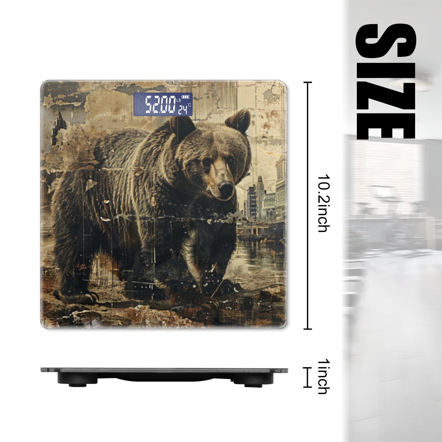Bathroom Scale, Highly Accurate Digital Body Scale,Precisely Measures Weight up to 400 lbs-Grizzly Bear In The Style Of Old Collage With Torn Paper Edges