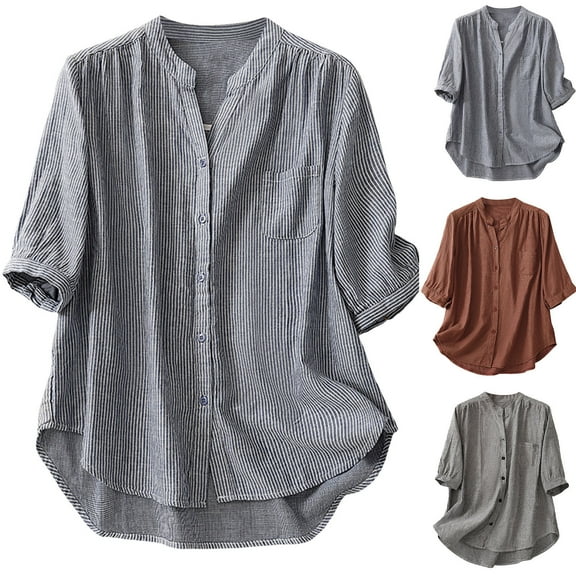 Ashirexll Ladies Tops and Blouses, Short Sleeve Tops for Women, Spring Summer Linen Casual Short Sleeve V-neck Stripe Printed Shirt