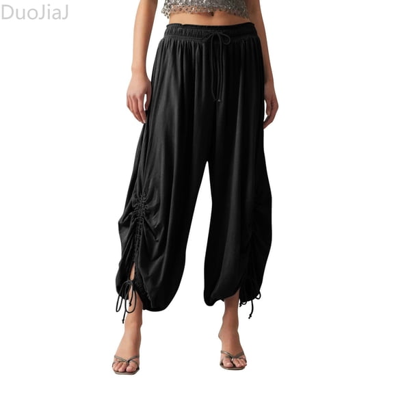 DuoJiaJ Women's Solid Color Casual Loose Elastic Waist Drawstring Harem Casual Pants Women's Wide Leg Pants Black L