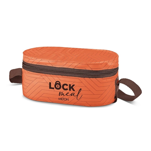 Lock Meal Tiffin Lunch Box With Bag - Orange | 2 Round Inner Steel Containers 320ml Each, 1 Oval Container 450ml, Steel Cutleries - Leak Proof, Odour Proof, Easy To Carry, Food Grade