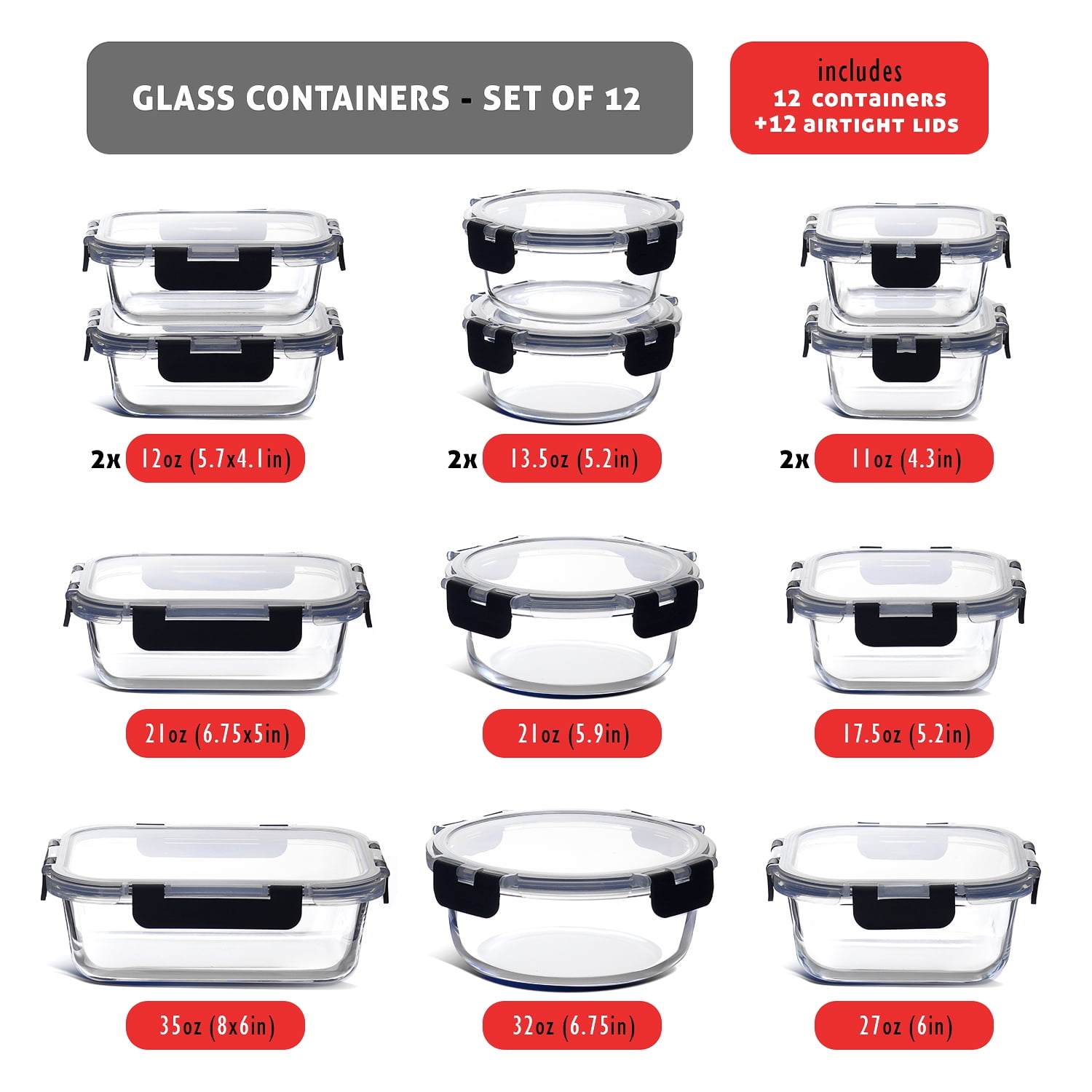 LammaLoe Glass Food Storage Containers with Lids, 24 Piece Airtight Glass Meal Prep Containers, Oven, Microwave & Freezer Safe Glass Storage Containers