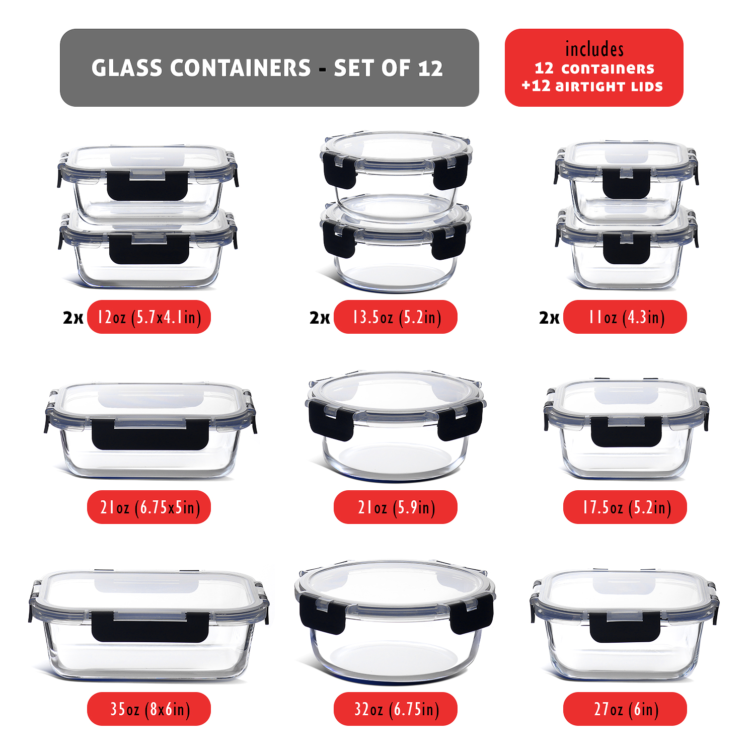 LammaLoe 24-Piece Glass Food Storage Containers Set, Black photo 3