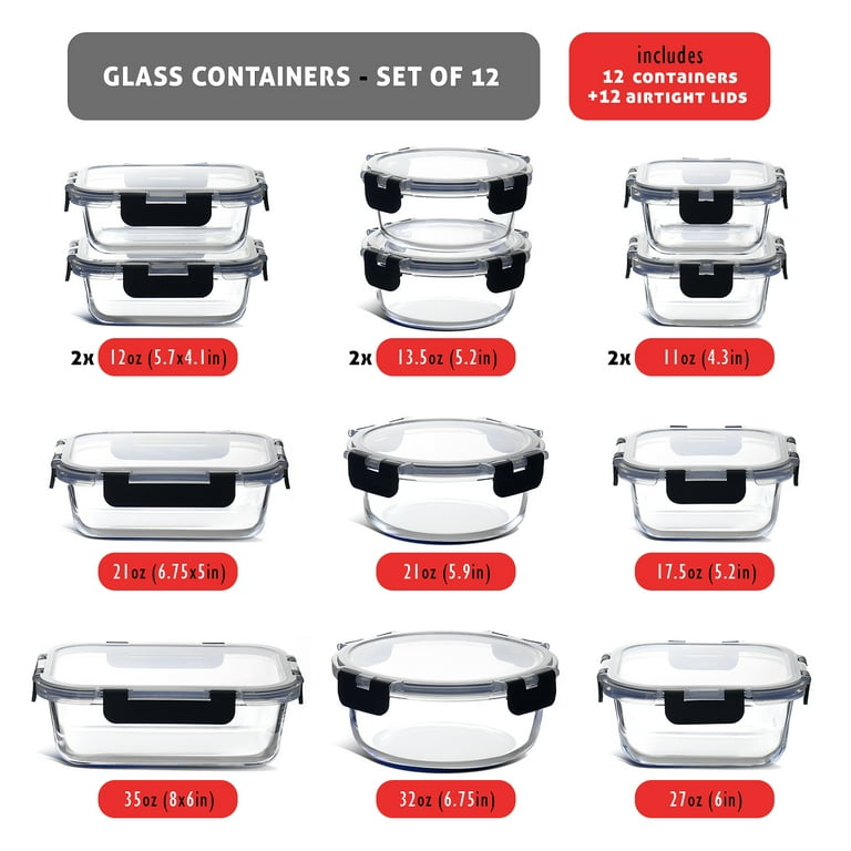 Phoenix Glass Food Storage Containers, Airtight Glass Meal Prep Containers, Reusable Leakproof Lids, Oven, Microwave & Freezer Safe Glass Storage Containers, 12 PC