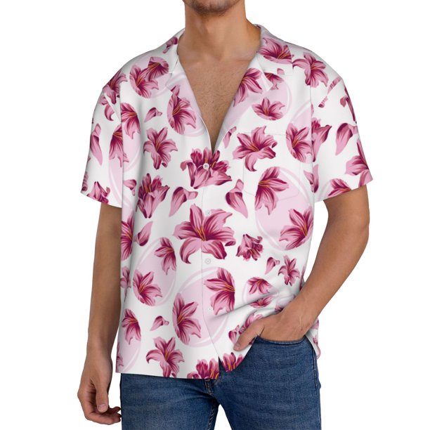 Balery Lilies Flowers Camisa Casual de Manga Corta con Botones para Hombre, Texturizada, Estilo Cubano, para Playa, Verano-Small